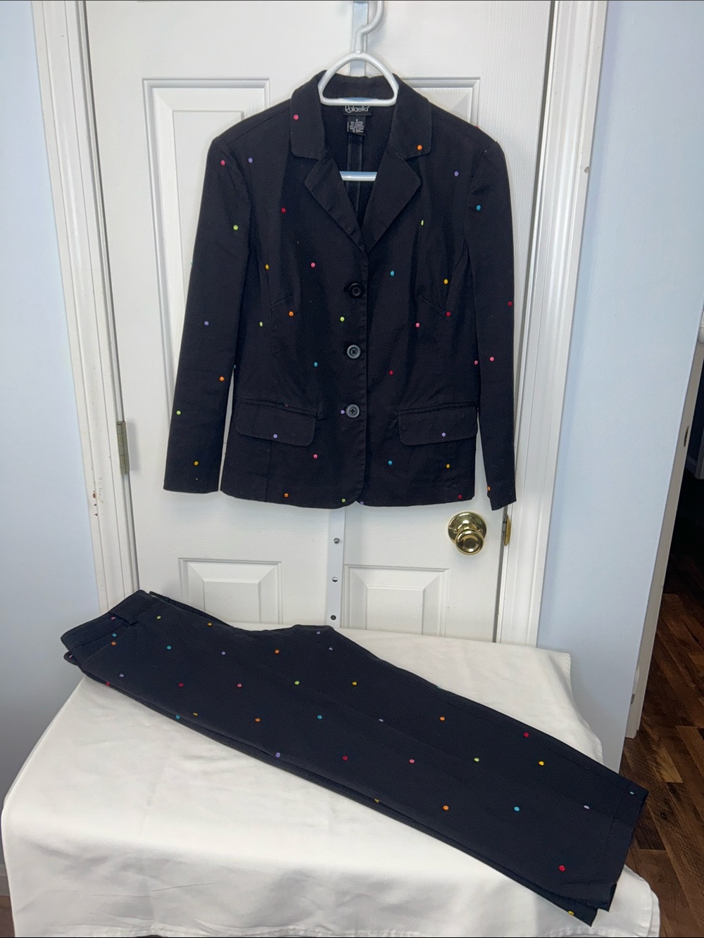 Rafaella Black Pant Suit and Jacket Set with Multicolor Polka Dots size 8